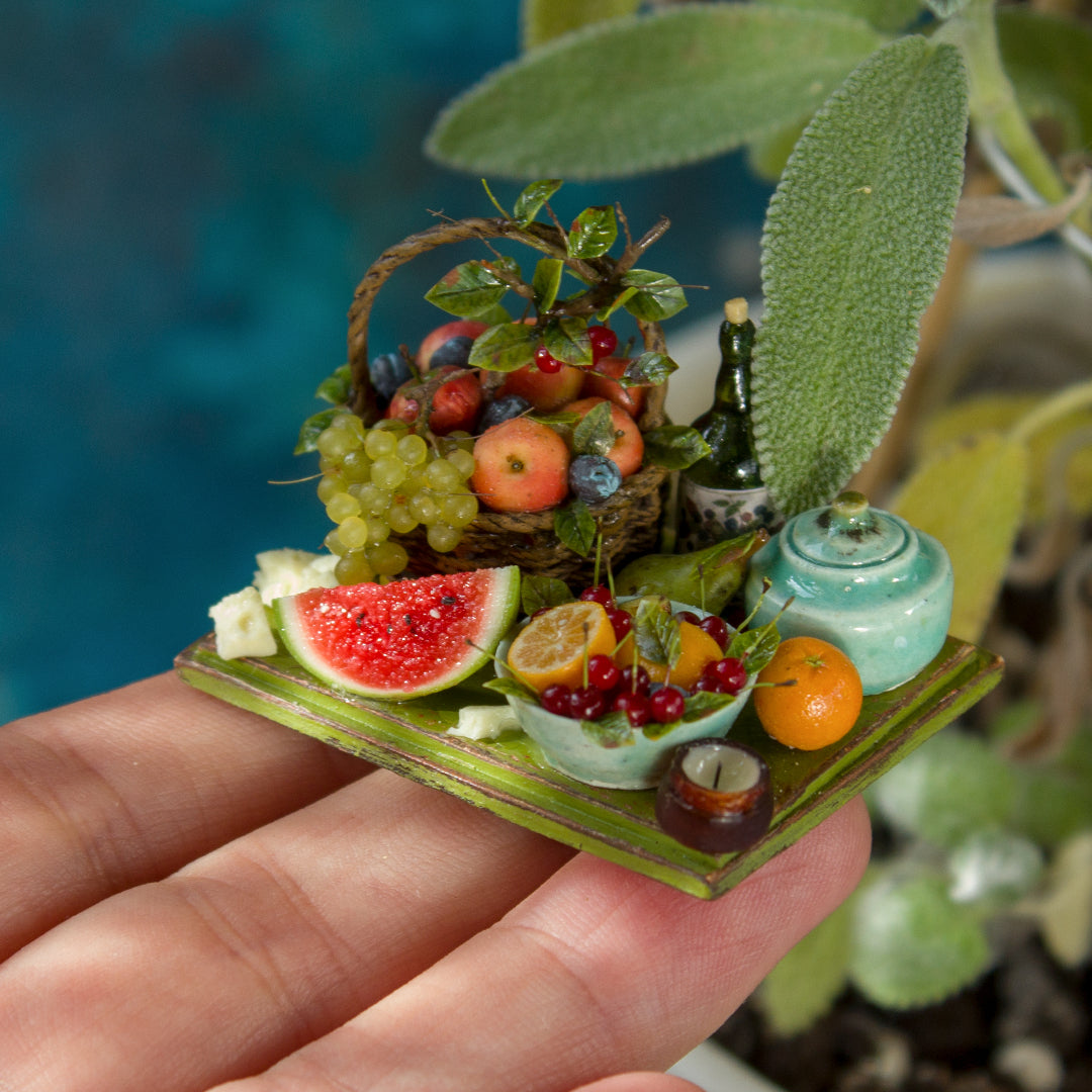 Miniature fruit and cheese still life for dollhouse in 1:12 scale 1