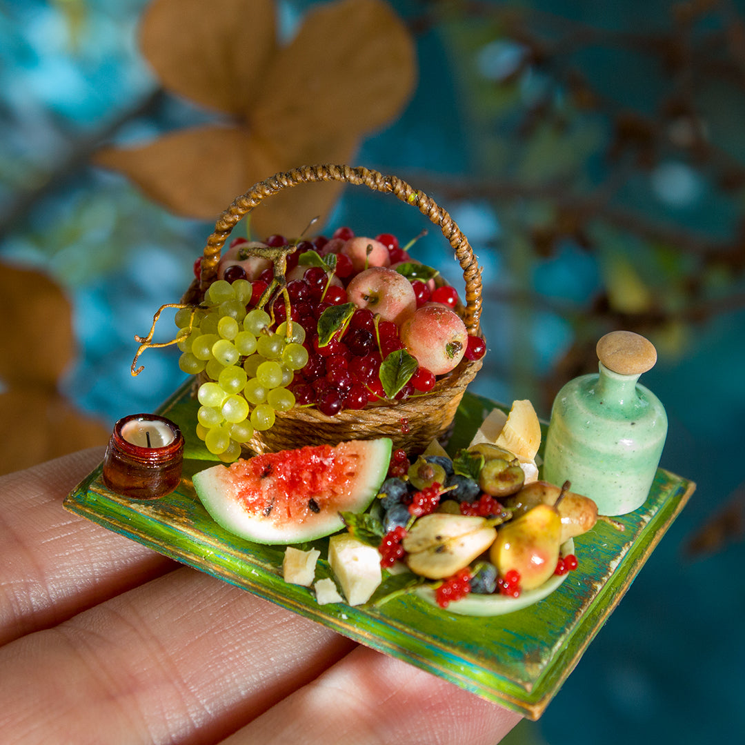 Miniature set with cheese and fruits for dollhouse in 1:12 scale 5