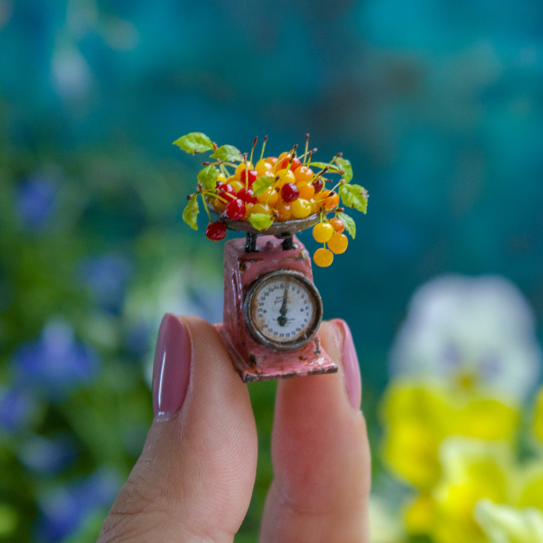 Miniature Cherry Scene with Vintage Kitchen Scale – 1:12 Scale Dollhouse Decor - Rina Vellichor