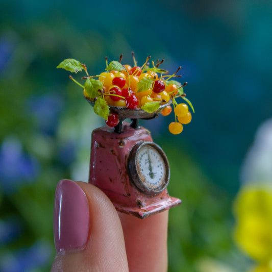 Miniature Cherry Scene with Vintage Kitchen Scale – 1:12 Scale Dollhouse Decor