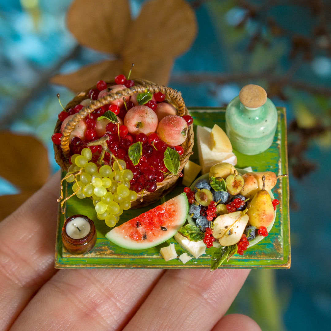 Miniature set with cheese and fruits for dollhouse in 1:12 scale 5