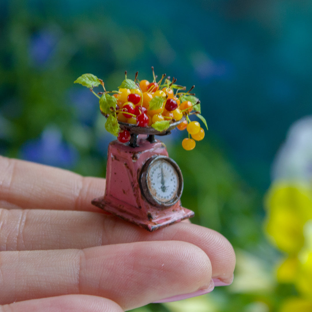 Miniature Cherry Scene with Vintage Kitchen Scale – 1:12 Scale Dollhouse Decor - Rina Vellichor