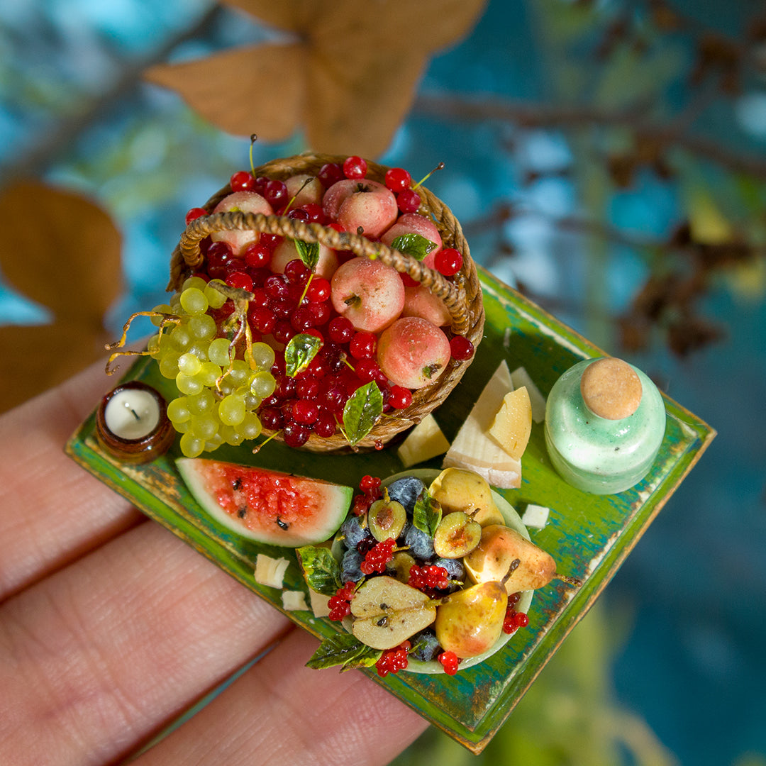 Miniature set with cheese and fruits for dollhouse in 1:12 scale 5