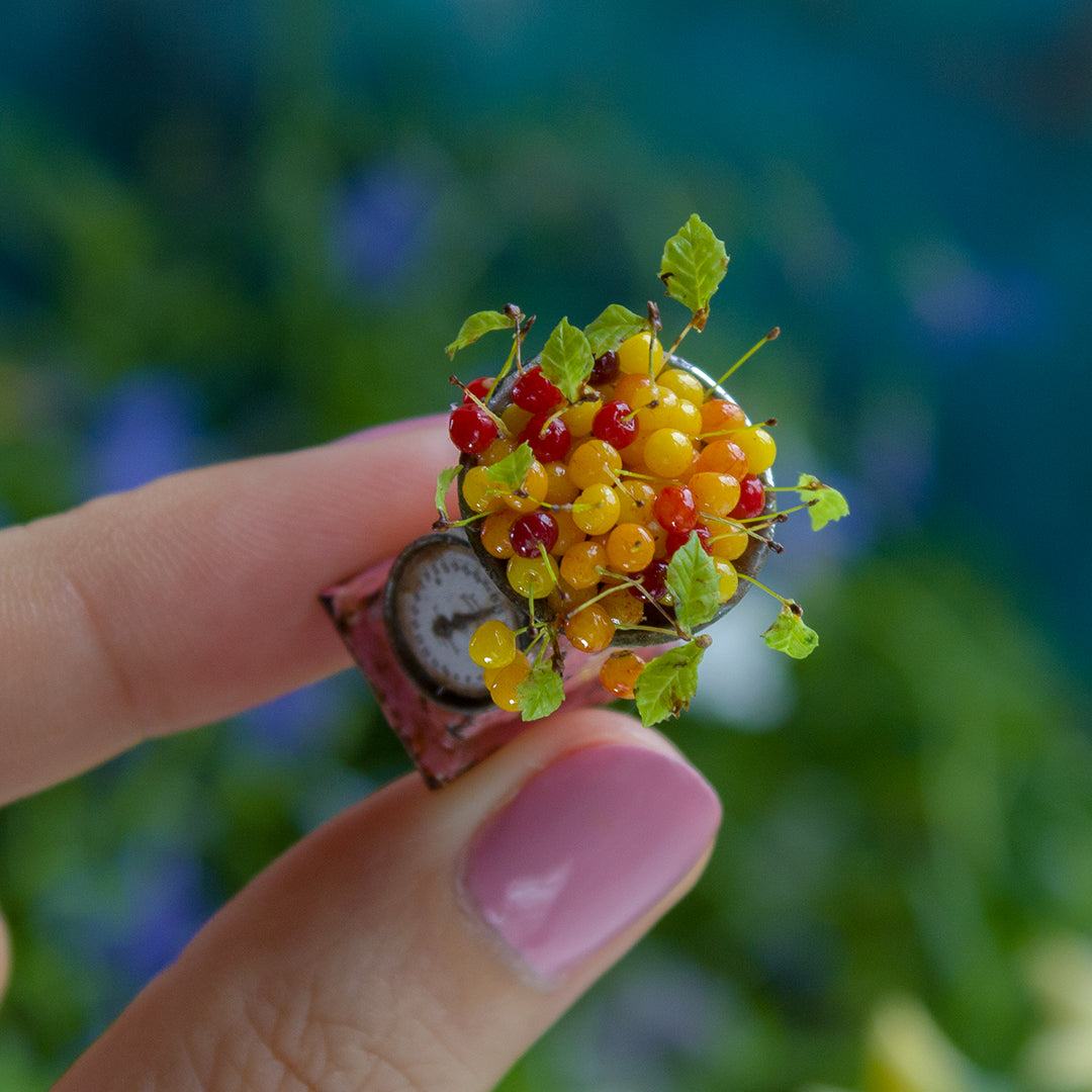 Miniature Cherry Scene with Vintage Kitchen Scale – 1:12 Scale Dollhouse Decor - Rina Vellichor