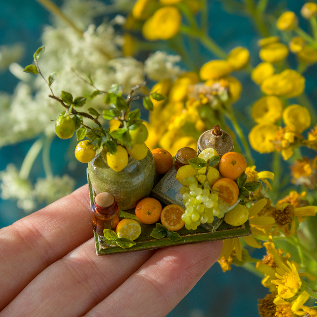 Miniature lemon and grape still life for dollhouse in 1:12 scale