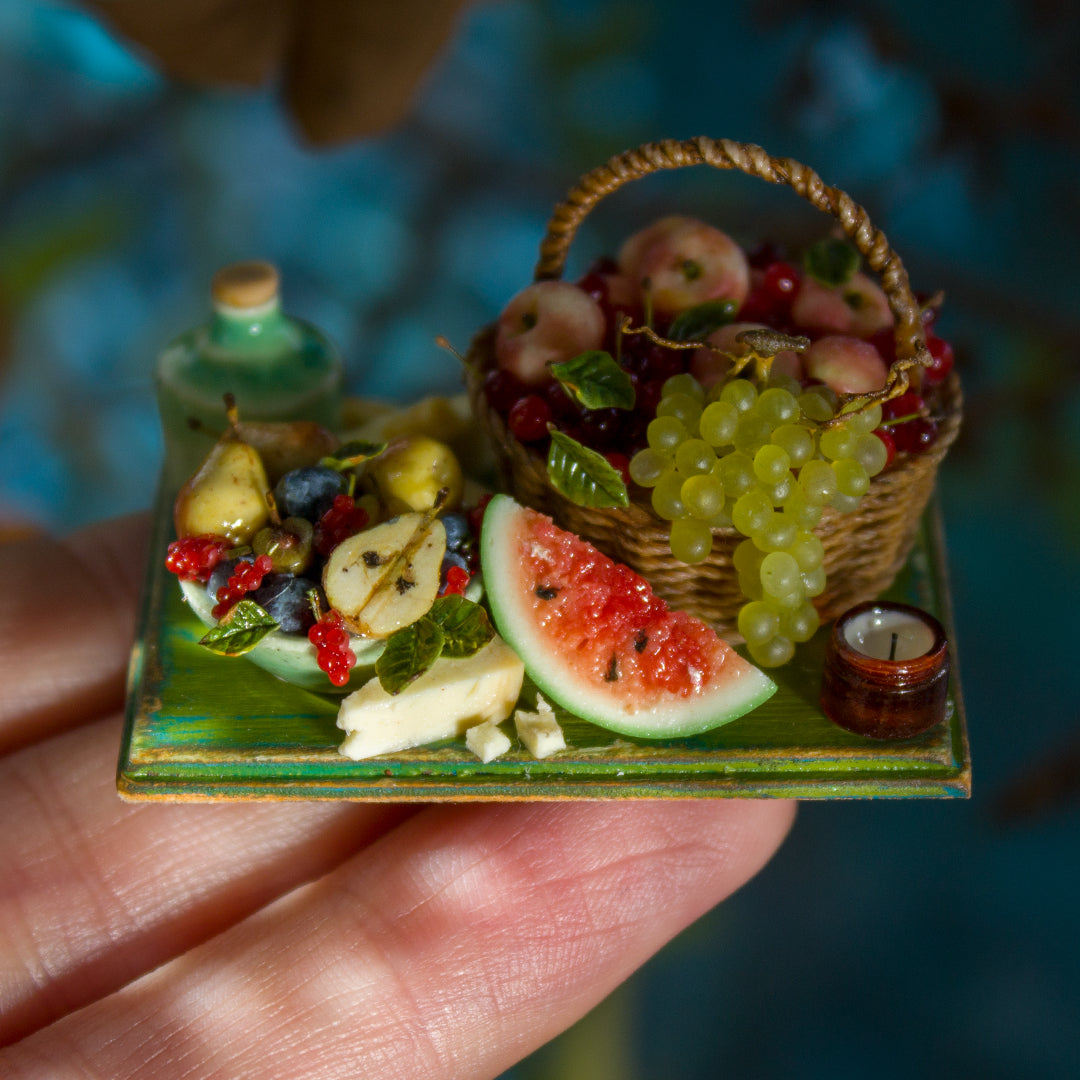 Miniature set with cheese and fruits for dollhouse in 1:12 scale 1 - Rina Vellichor