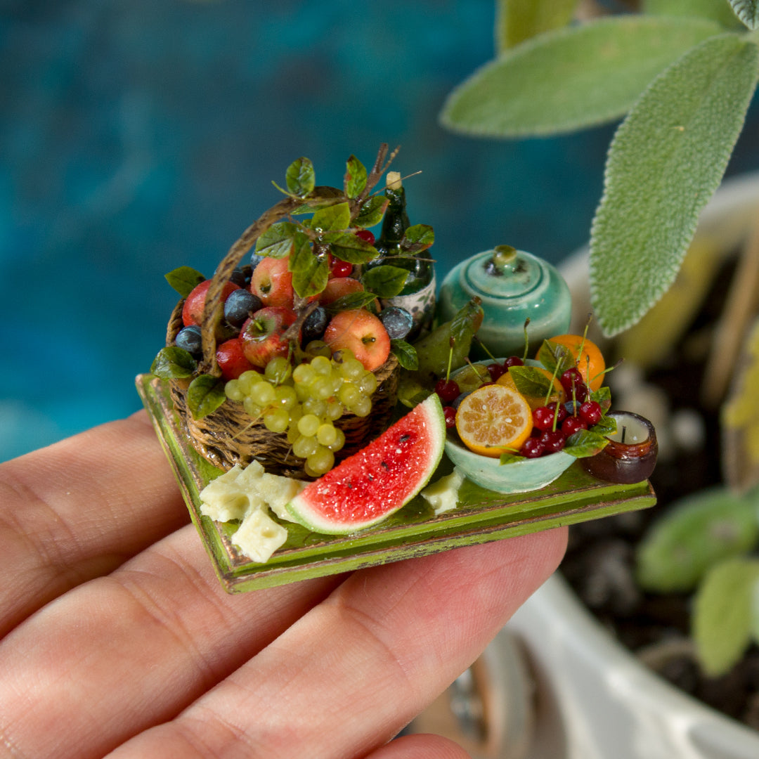 Miniature fruit and cheese still life for dollhouse in 1:12 scale 1