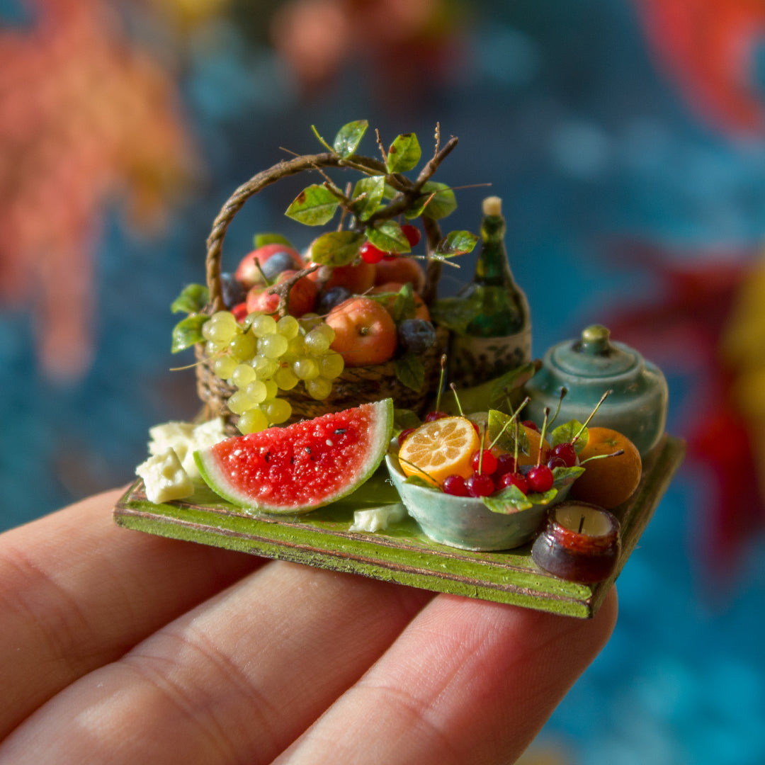 Miniature fruit and cheese still life for dollhouse in 1:12 scale 1 - Rina Vellichor