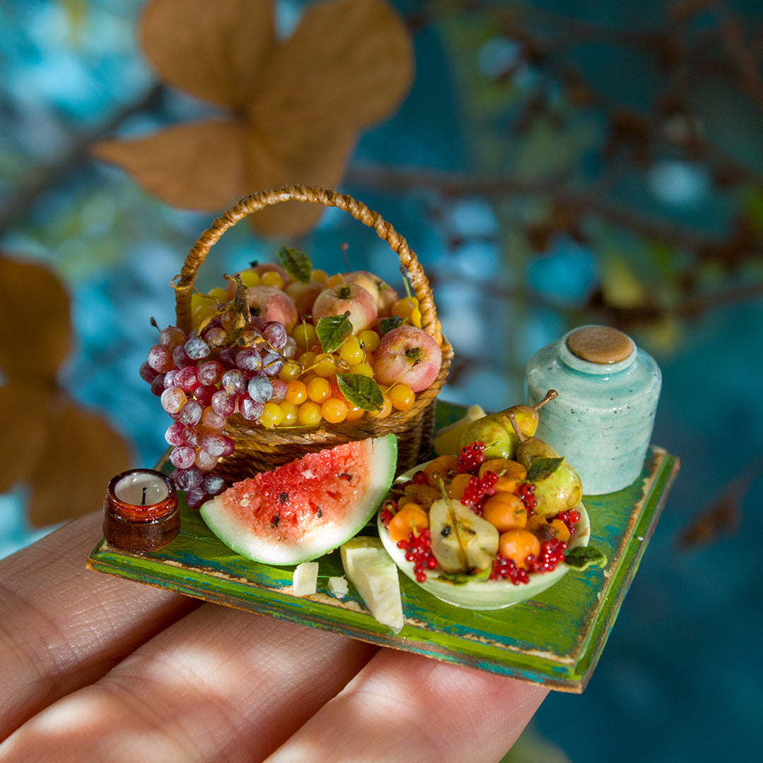 Miniature set with cheese and fruits for dollhouse in 1:12 scale 6