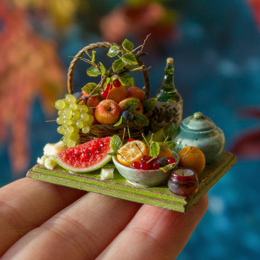 Miniature fruit and cheese still life for dollhouse in 1:12 scale 2 - Rina Vellichor