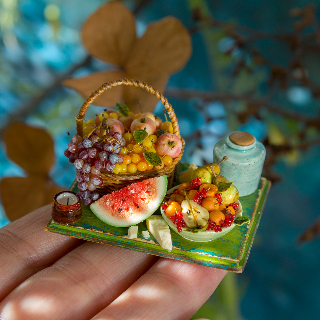 Miniature set with cheese and fruits for dollhouse in 1:12 scale 6