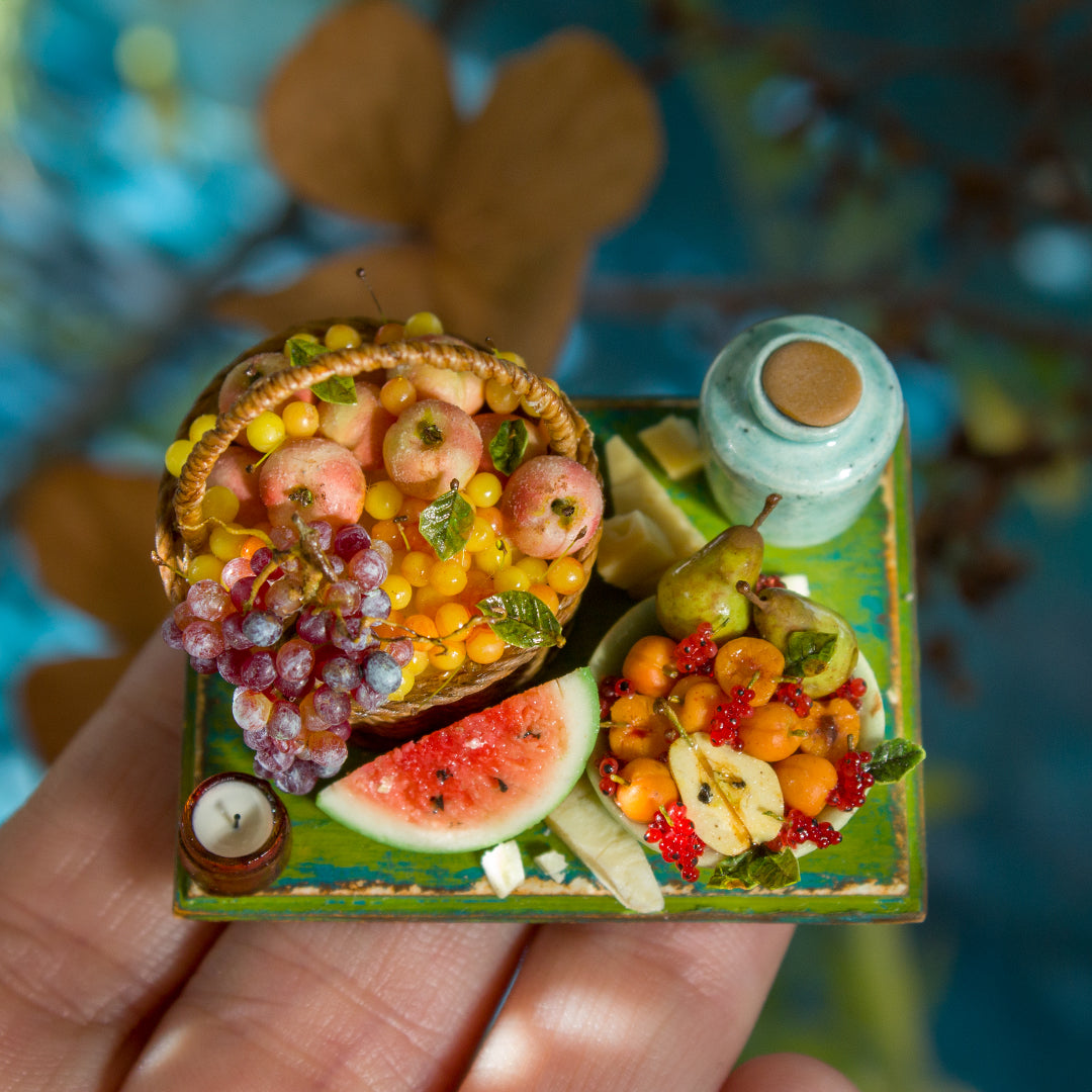Miniature set with cheese and fruits for dollhouse in 1:12 scale 6