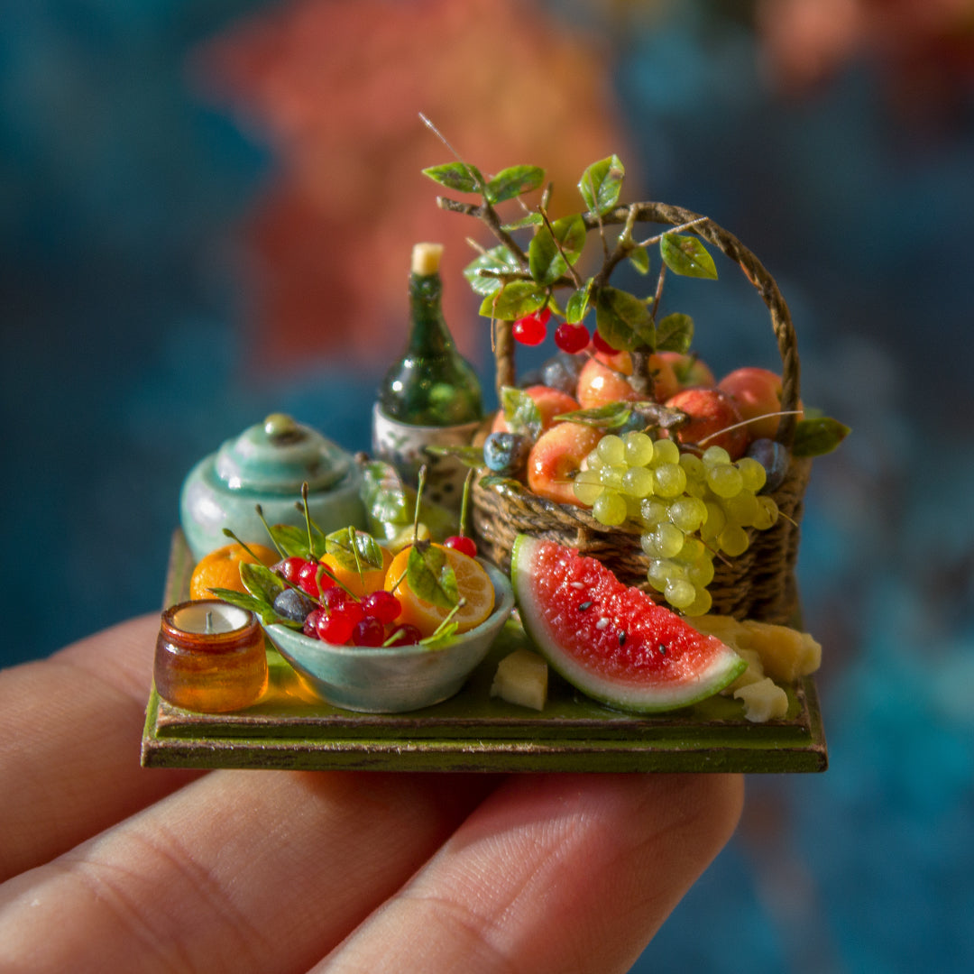 Miniature fruit and cheese still life for dollhouse in 1:12 scale 3 - Rina Vellichor