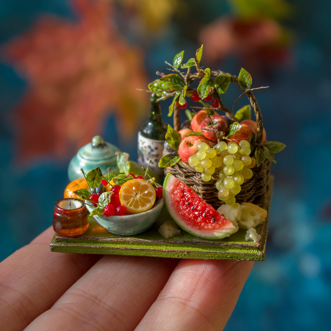 Miniature fruit and cheese still life for dollhouse in 1:12 scale 4 - Rina Vellichor