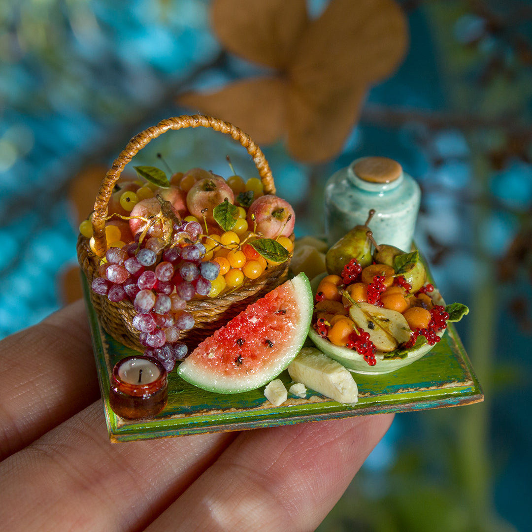 Miniature set with cheese and fruits for dollhouse in 1:12 scale 6