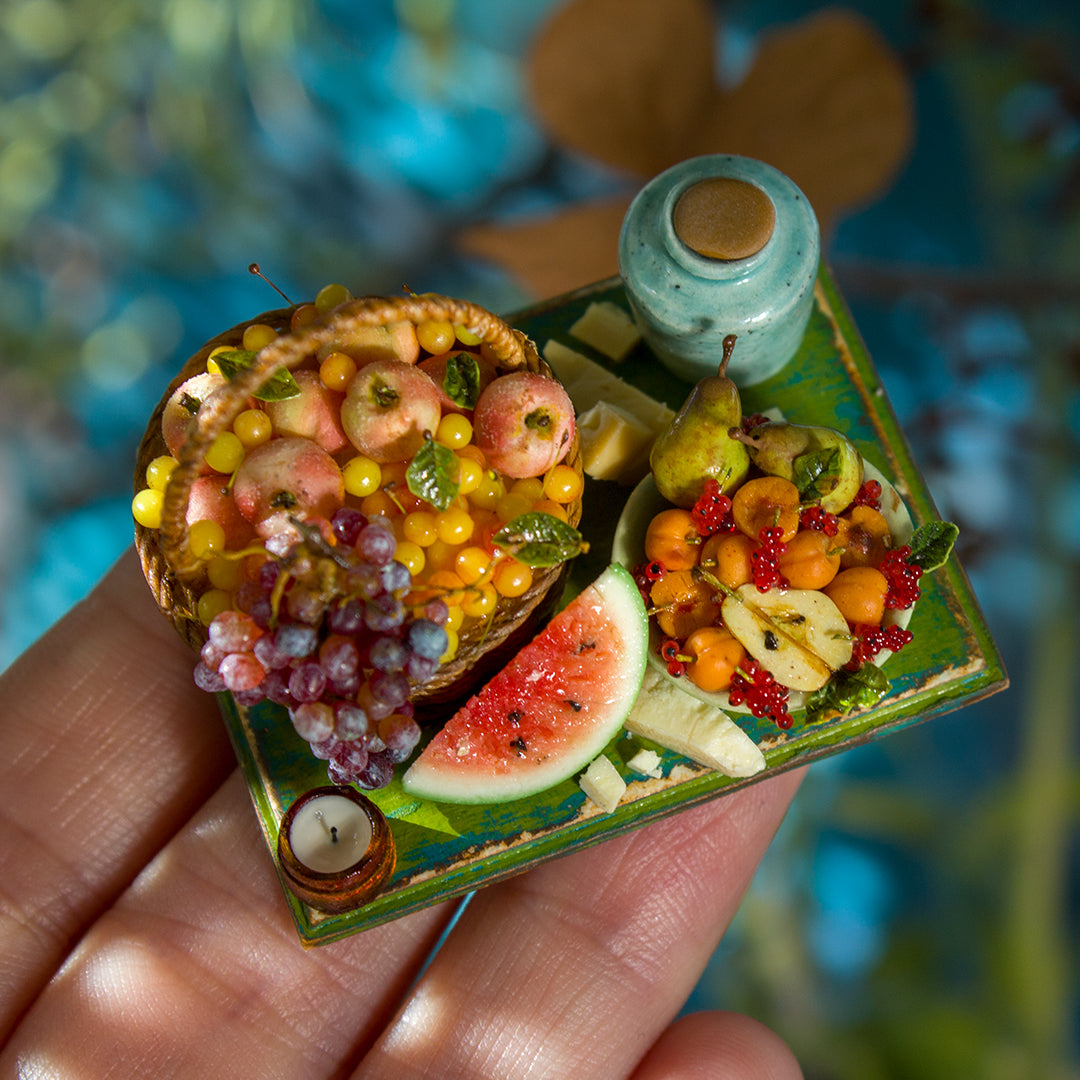 Miniature set with cheese and fruits for dollhouse in 1:12 scale 6
