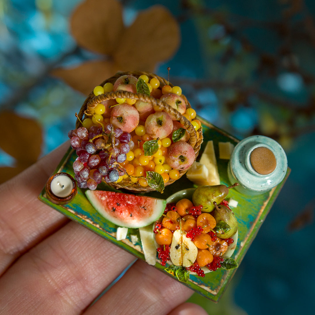 Miniature set with cheese and fruits for dollhouse in 1:12 scale 6