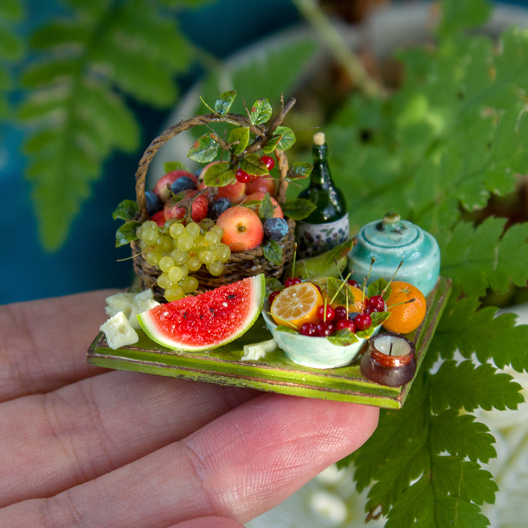 Miniature fruit and cheese still life for dollhouse in 1:12 scale 1