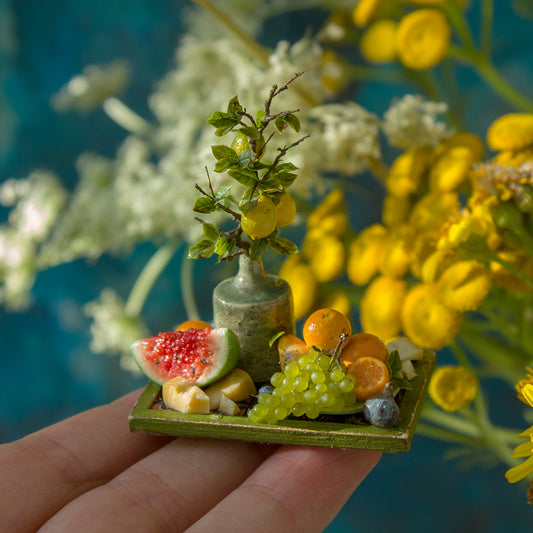 Miniature fruit and cheese still life for dollhouse in 1:12 scale - Rina Vellichor