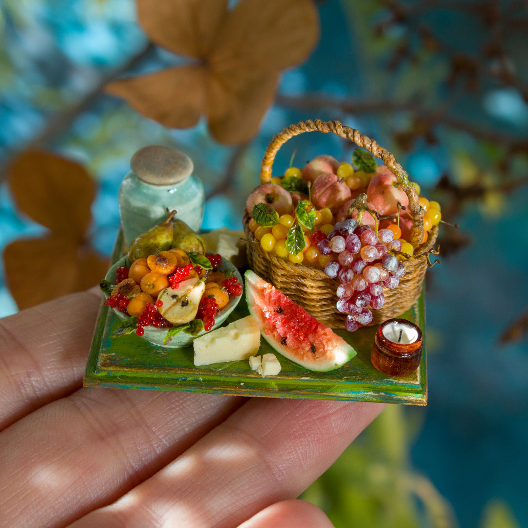 Miniature set with cheese and fruits for dollhouse in 1:12 scale 7