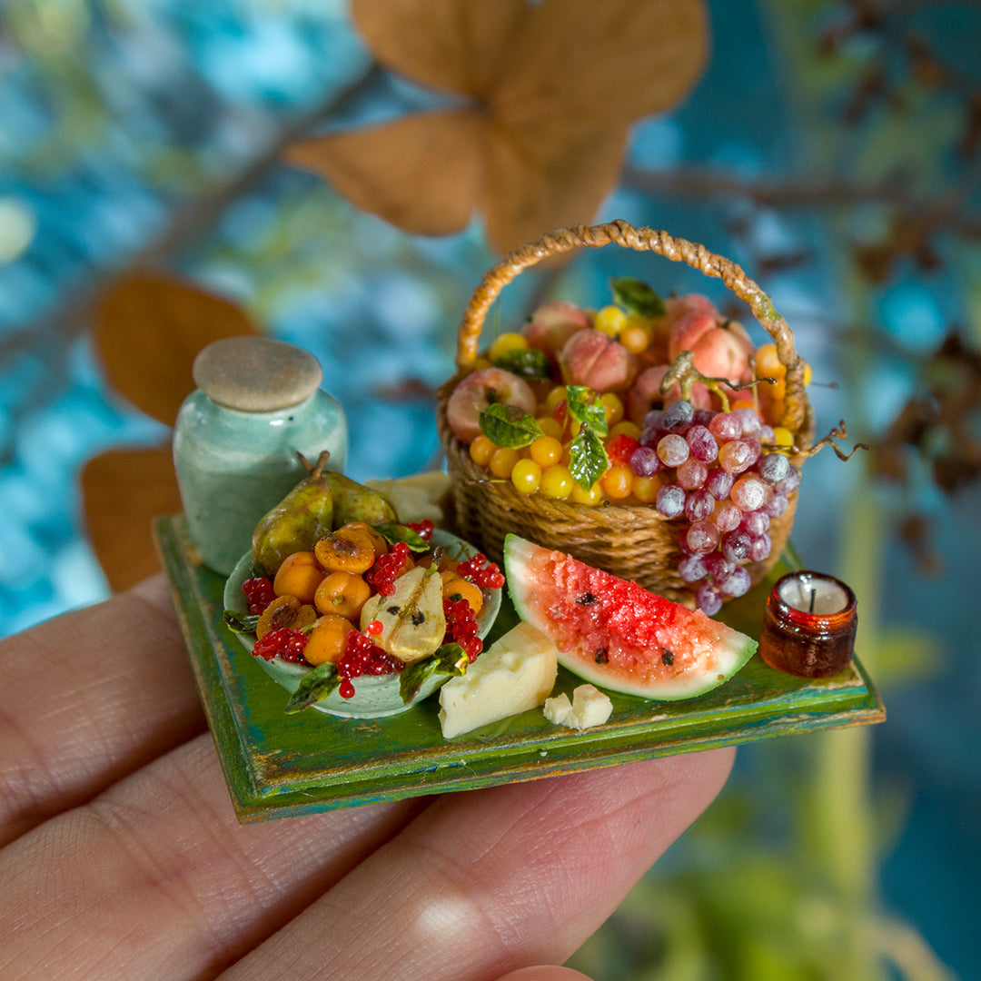 Miniature set with cheese and fruits for dollhouse in 1:12 scale 7