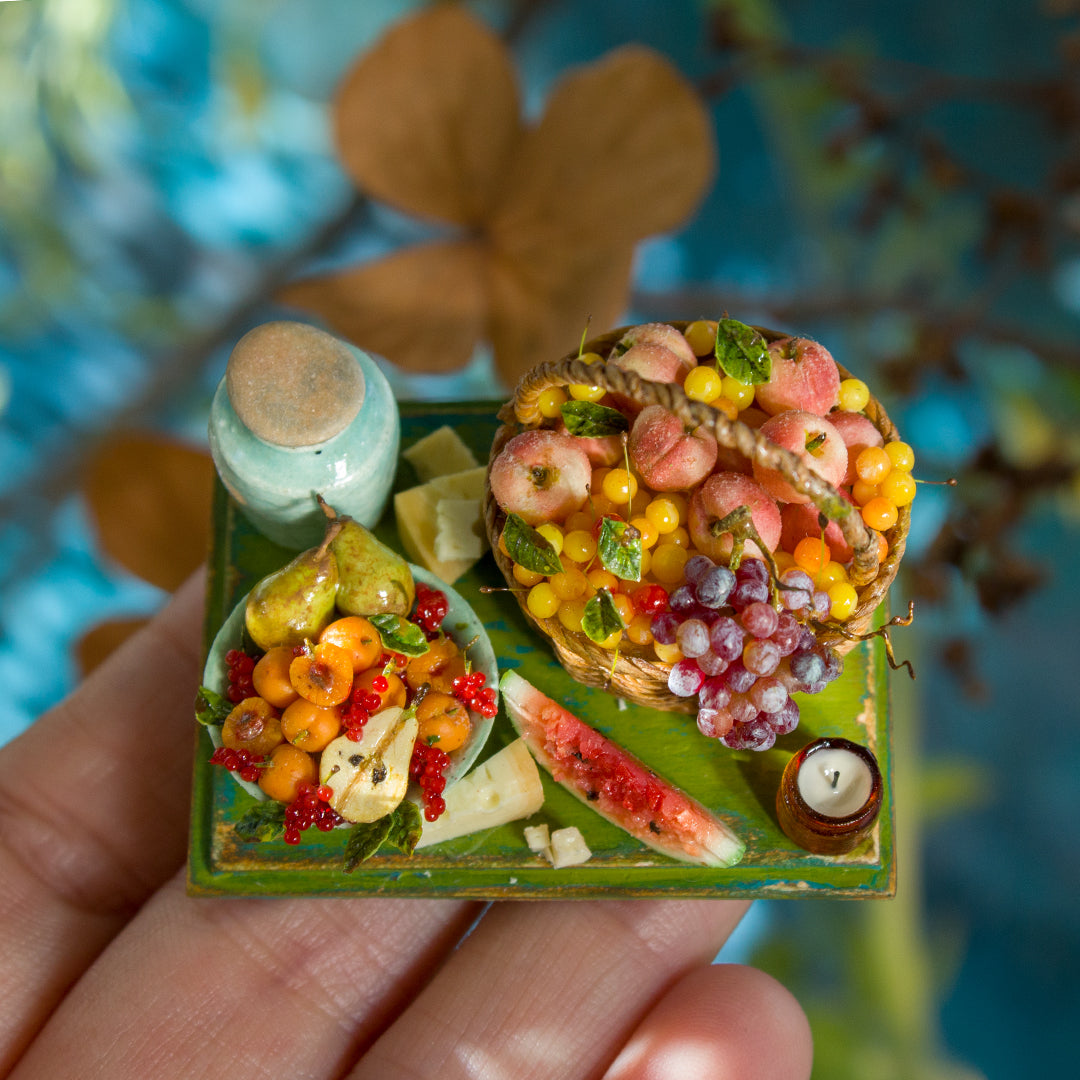 Miniature set with cheese and fruits for dollhouse in 1:12 scale 7