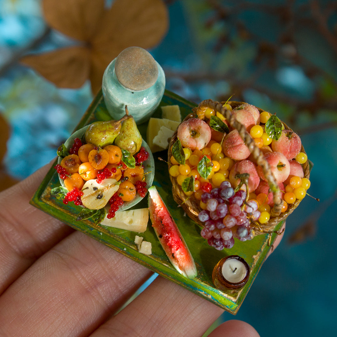 Miniature set with cheese and fruits for dollhouse in 1:12 scale 7