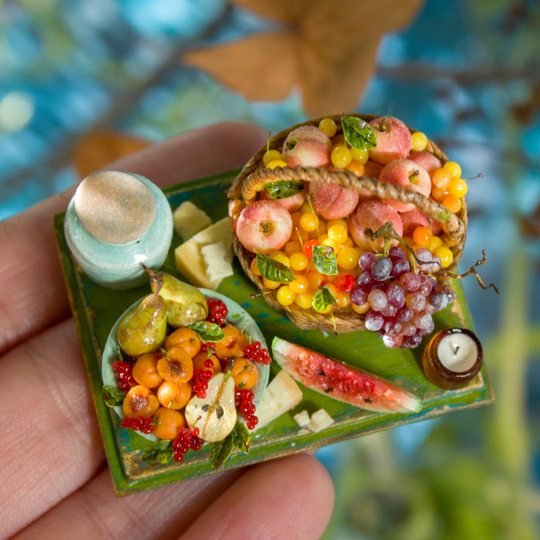 Miniature set with cheese and fruits for dollhouse in 1:12 scale 7