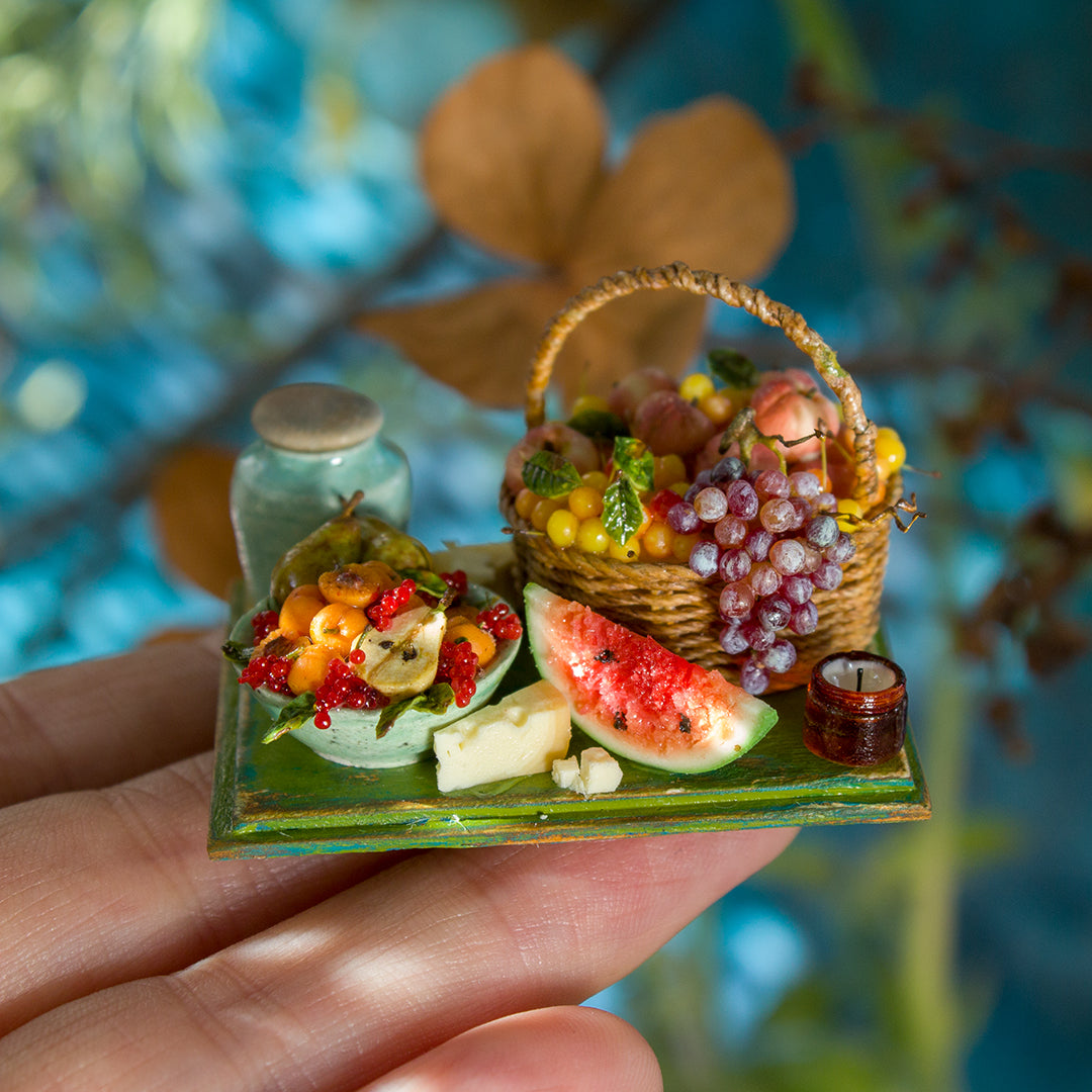 Miniature set with cheese and fruits for dollhouse in 1:12 scale 7
