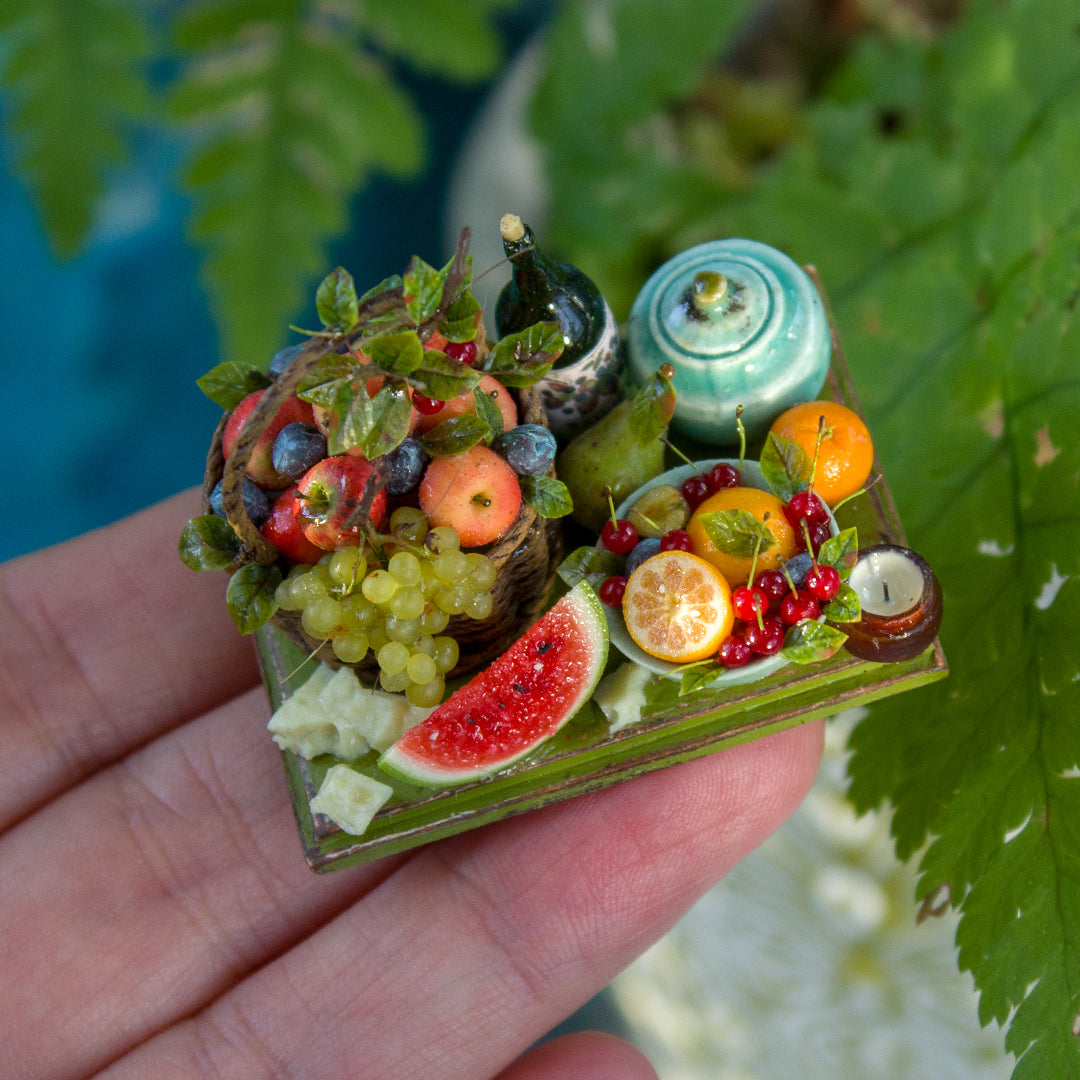 Miniature fruit and cheese still life for dollhouse in 1:12 scale 1
