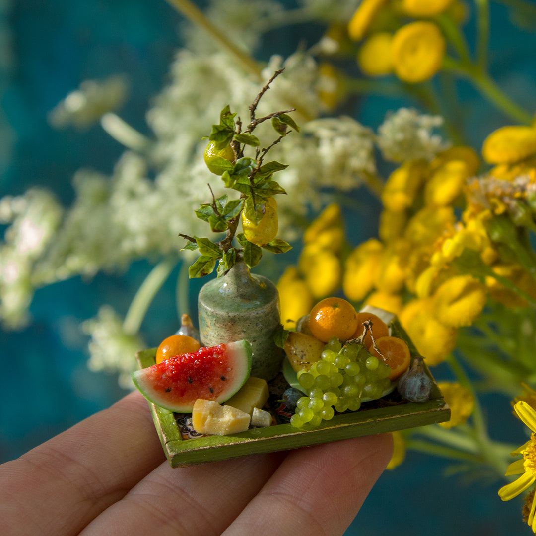Miniature fruit and cheese still life for dollhouse in 1:12 scale