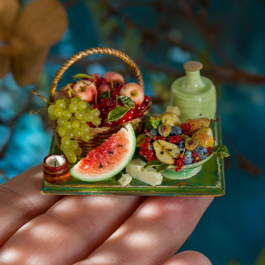 Miniature set with cheese and fruits for dollhouse in 1:12 scale 8