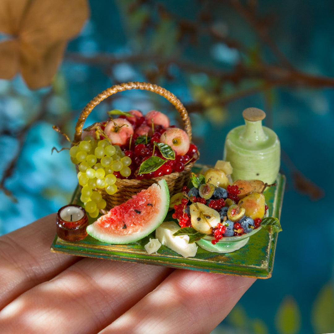Miniature set with cheese and fruits for dollhouse in 1:12 scale 8