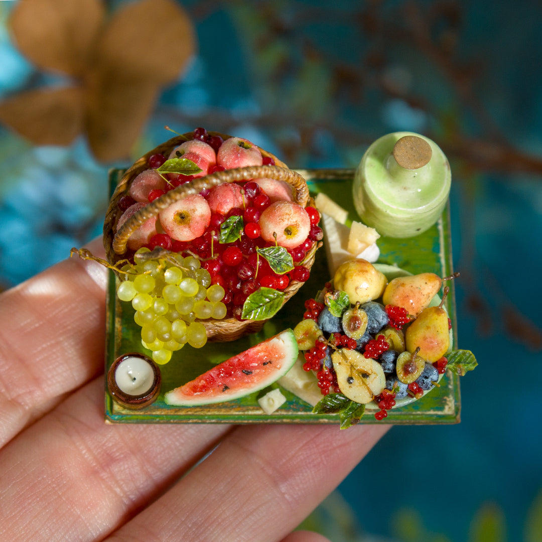 Miniature set with cheese and fruits for dollhouse in 1:12 scale 8