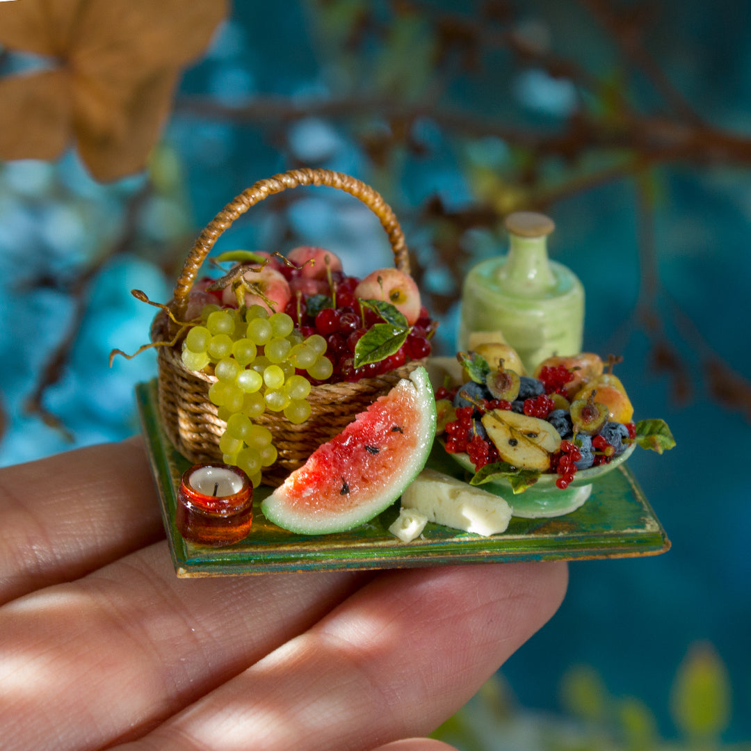 Miniature set with cheese and fruits for dollhouse in 1:12 scale 8