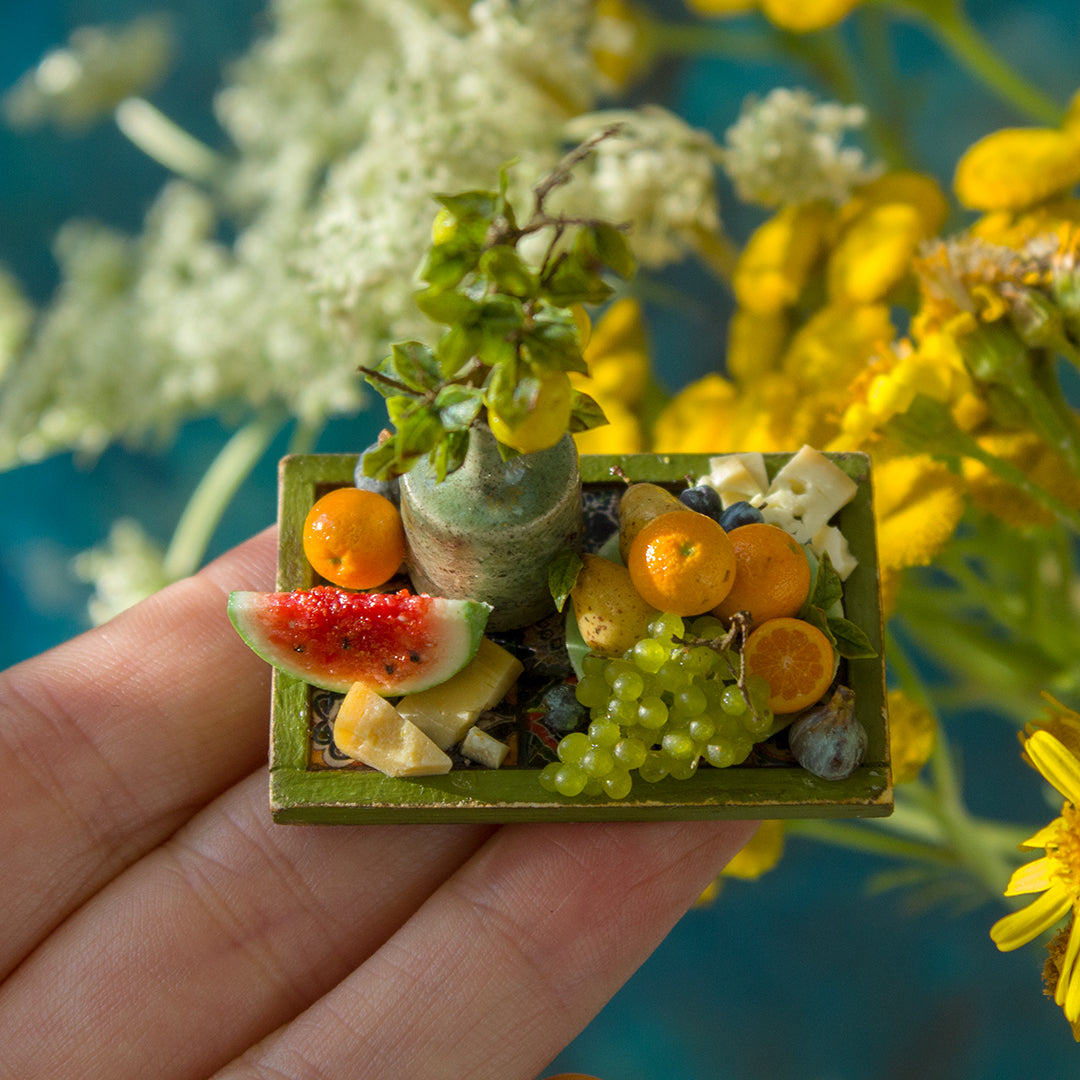 Miniature fruit and cheese still life for dollhouse in 1:12 scale