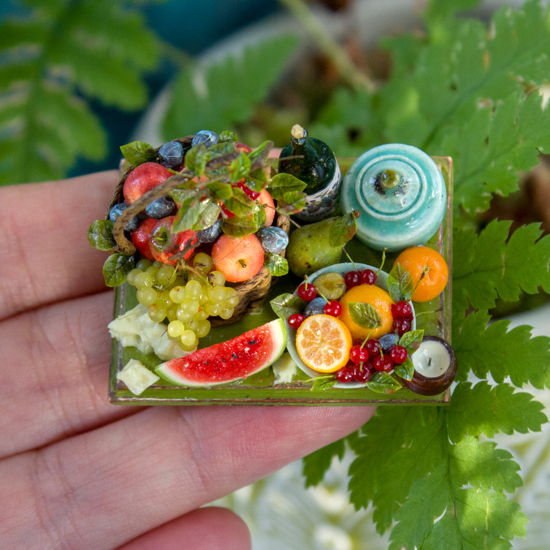 Miniature fruit and cheese still life for dollhouse in 1:12 scale 1