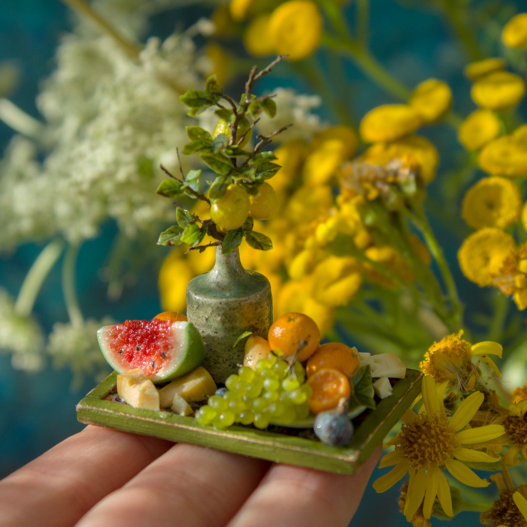 Miniature fruit and cheese still life for dollhouse in 1:12 scale
