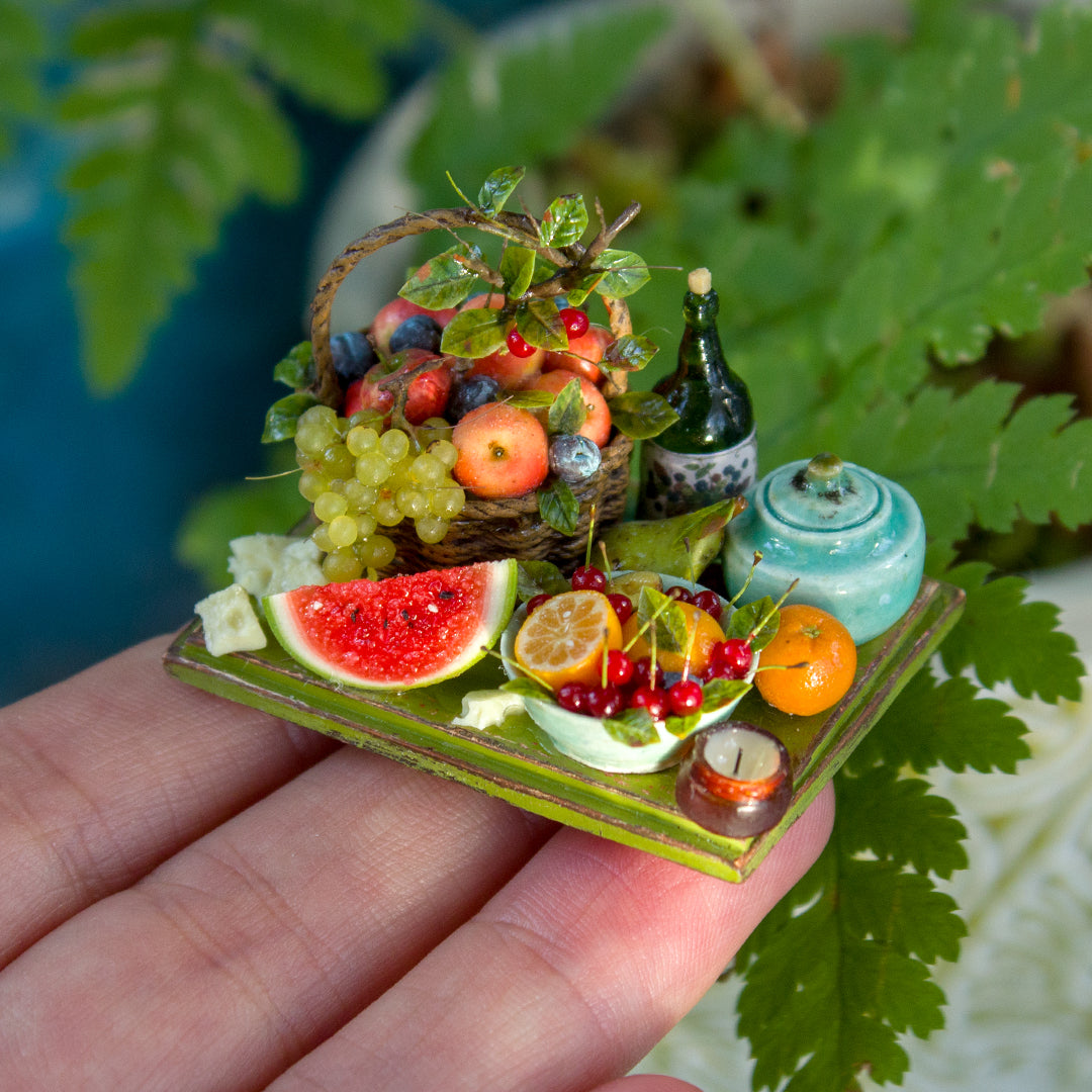 Miniature fruit and cheese still life for dollhouse in 1:12 scale 1