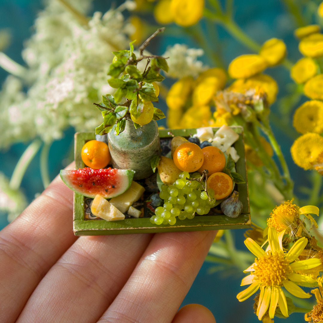 Miniature fruit and cheese still life for dollhouse in 1:12 scale