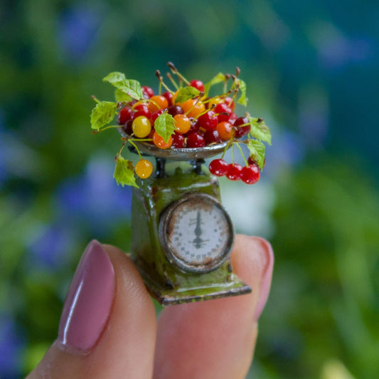 Miniature Cherry Scene with Vintage Kitchen Scale – 1:12 Scale Dollhouse Decor - Rina Vellichor